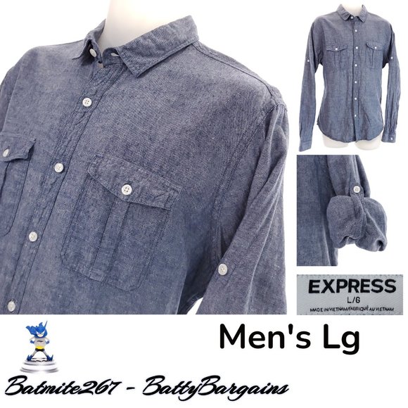 Express Other - EXPRESS Chambray Mens L Button Up Linen Blend L/S Shirt Blue Roll Up Sleeves